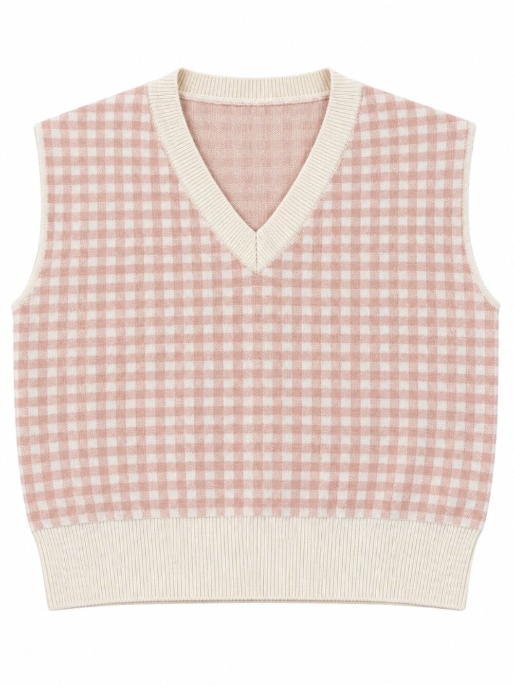 Pink & Cream Gingham V-Neck Sweater Vest Preppy Coquette Knit Top S/M